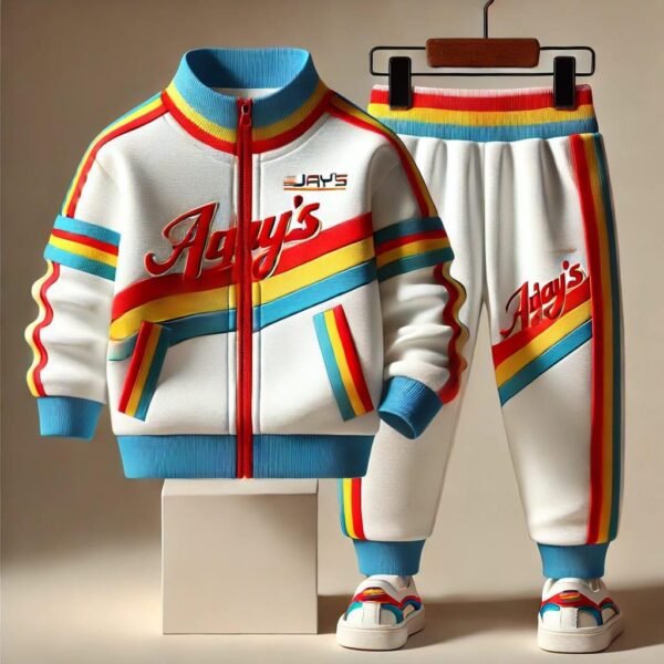 Ajay's White Kids' Tracksuit with Vibrant Accents